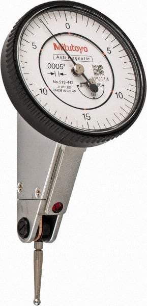Mitutoyo - 0.06 Inch Range, 0.0005 Inch Dial Graduation, Horizontal Dial Test Indicator - 1.5748 Inch White Dial, 0-15-0 Dial Reading, Accurate to 0.0005 Inch - USA Tool & Supply