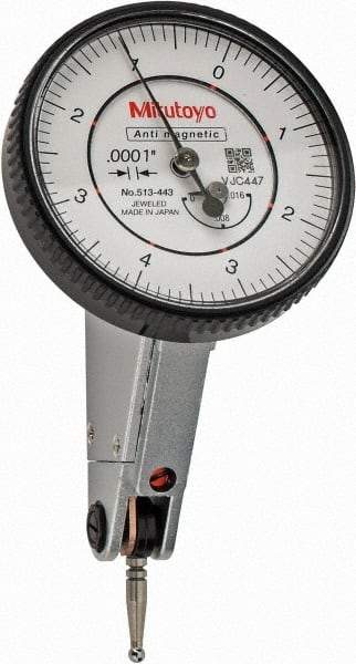 Mitutoyo - 0.016 Inch Range, 0.0001 Inch Dial Graduation, Horizontal Dial Test Indicator - 1.5748 Inch White Dial, 0-4-0 Dial Reading, Accurate to 0.0002 Inch - USA Tool & Supply