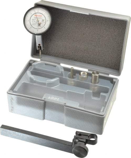 Mitutoyo - 9 Piece, 0" to 0.016" Measuring Range, 40mm Dial Diam, 0-4-0 Dial Reading, White Dial Test Indicator Kit - 0.0005" Accuracy, 0.59" Contact Point Length, 0.039, 0.079 & 0.118" Ball Diam, 0.0001" Dial Graduation - USA Tool & Supply