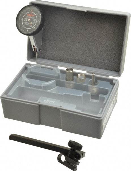 Mitutoyo - 9 Piece, 0" to 0.016" Measuring Range, 40mm Dial Diam, 0-4-0 Dial Reading, Black Dial Test Indicator Kit - 0.0002" Accuracy, 0.59" Contact Point Length, 0.039, 0.079 & 0.118" Ball Diam, 0.0001" Dial Graduation - USA Tool & Supply