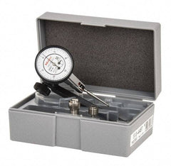 Mitutoyo - 9 Piece, 0" to 0.06" Measuring Range, 40mm Dial Diam, 0-15-0 Dial Reading, White Dial Test Indicator Kit - 0.0005" Accuracy, 1.33" Contact Point Length, 0.039, 0.079 & 0.118" Ball Diam, 0.0005" Dial Graduation - USA Tool & Supply