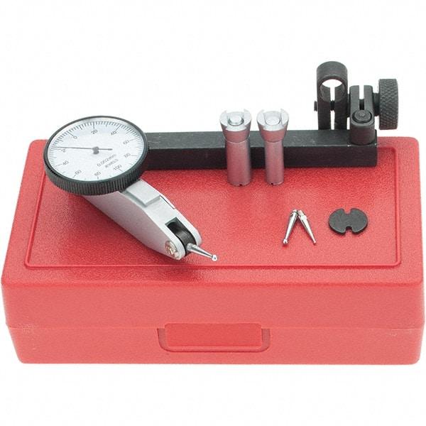 Starrett - 5 Piece, 0mm to 0.2mm Measuring Range, 1-3/8" Dial Diam, 0-100-0 Dial Reading, Yellow Dial Test Indicator Kit - 5/8" Contact Point Length, 2mm Ball Diam, 0.002mm Dial Graduation - USA Tool & Supply