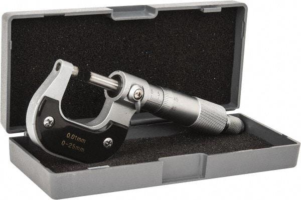 Value Collection - 0 to 25mm Range, 0.01mm Graduation, Mechanical Outside Micrometer - Ratchet Stop Thimble - USA Tool & Supply