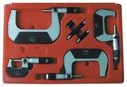 Value Collection - 0 to 75mm Range, 3 Piece Mechanical Outside Micrometer Set - 0.01mm Graduation, 0.000160, 0.000200 Accuracy, Ratchet Stop Thimble, Carbide Tipped, Forged Steel (Frame) Face - USA Tool & Supply