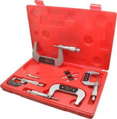 Value Collection - 0 to 100mm Range, 4 Piece Mechanical Outside Micrometer Set - 0.01mm Graduation, 0.000160, 0.000200 Accuracy, Ratchet Stop Thimble, Carbide Tipped, Forged Steel (Frame) Face - USA Tool & Supply