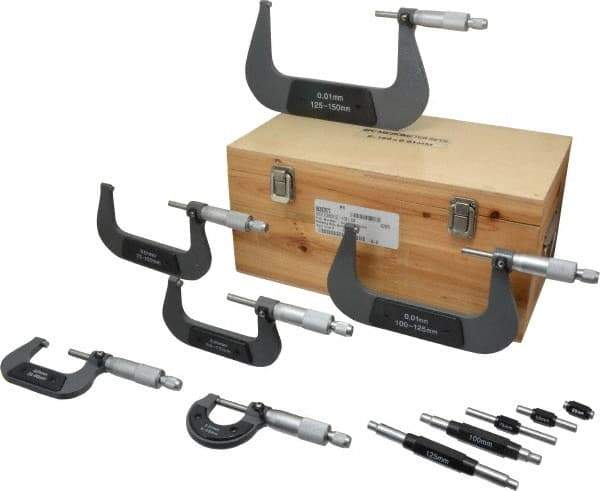 Value Collection - 0 to 150mm Range, 6 Piece Mechanical Outside Micrometer Set - 0.01mm Graduation, 0.000160, 0.000200, 0.000240 Accuracy, Ratchet Stop Thimble, Carbide Tipped, Forged Steel (Frame) Face - USA Tool & Supply