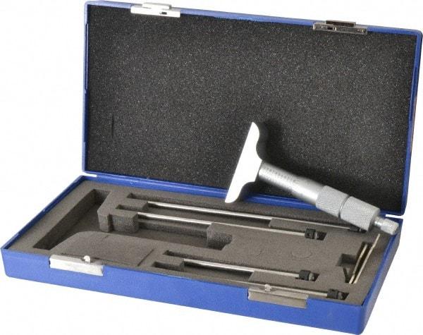 Fowler - 0 to 4" Range, 4 Rod, Satin Chrome Finish Mechanical Depth Micrometer - Ratchet Stop Thimble, 2-1/2" Base Length, 0.01mm Graduation, 0.176" Rod Diam - USA Tool & Supply