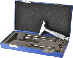 Fowler - 0 to 4" Range, 4 Rod, Satin Chrome Finish Mechanical Depth Micrometer - Ratchet Stop Thimble, 2-1/2" Base Length, 0.01mm Graduation, 0.176" Rod Diam - USA Tool & Supply
