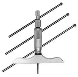 Fowler - 0 to 12" Range, 12 Rod, Satin Chrome Finish Mechanical Depth Micrometer - Ratchet Stop Thimble, 2-1/2" Base Length, 0.01mm Graduation, 0.176" Rod Diam - USA Tool & Supply