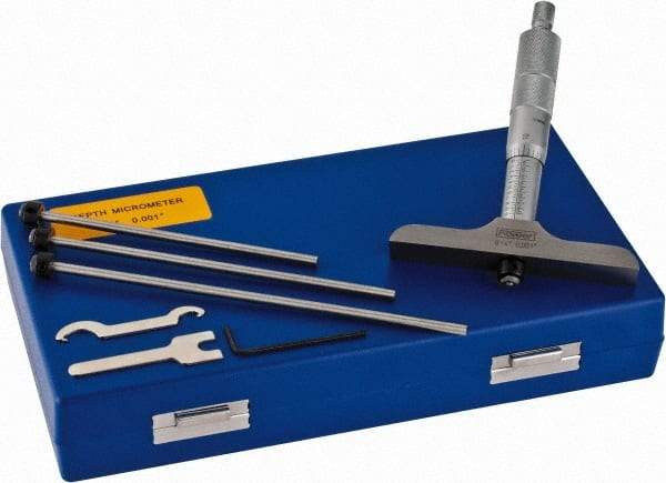Fowler - 0 to 4" Range, 4 Rod, Satin Chrome Finish Mechanical Depth Micrometer - Ratchet Stop Thimble, 4" Base Length, 0.01mm Graduation, 0.176" Rod Diam - USA Tool & Supply