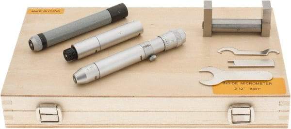 Fowler - 2 to 12", Satin Chrome Coated, Mechanical Inside Micrometer Set - 0.001" Graduation, Friction Thimble, Includes Fitted Case, Standard & Wrench - USA Tool & Supply