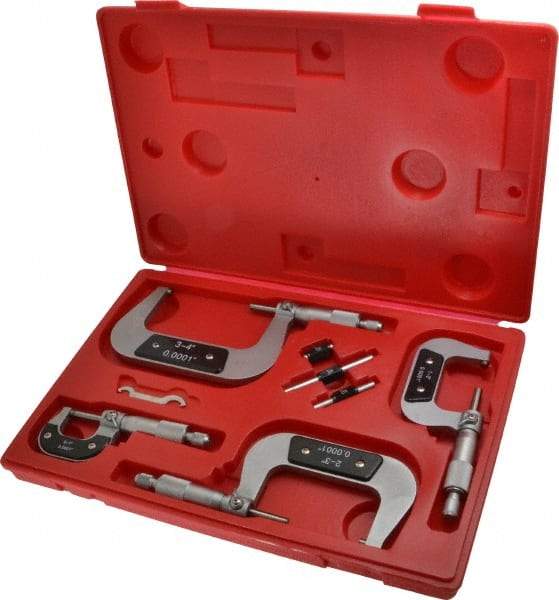 Value Collection - 0 to 4" Range, 4 Piece Mechanical Outside Micrometer Set - 0.0001" Graduation, 0.000160, 0.000200 Accuracy, Ratchet Stop Thimble, Carbide Tipped, Forged Steel (Frame) Face - USA Tool & Supply