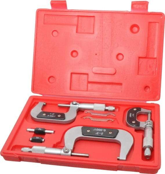 Value Collection - 0 to 3" Range, 3 Piece Mechanical Outside Micrometer Set - 0.0001" Graduation, 0.000160, 0.000200 Accuracy, Ratchet Stop Thimble, Carbide Tipped, Forged Steel (Frame) Face - USA Tool & Supply