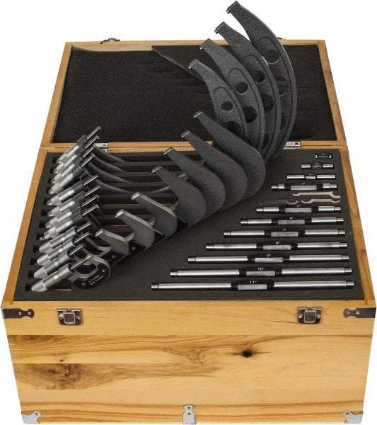 Value Collection - 0 to 12" Range, 12 Piece Mechanical Outside Micrometer Set - 0.0001" Graduation, 0.000160, 0.000200, 0.000240, 0.000280, 0.000320, 0.000360 Accuracy, Ratchet Stop Thimble, Carbide Tipped, Forged Steel/Tubular Steel (Frame) Face - USA Tool & Supply