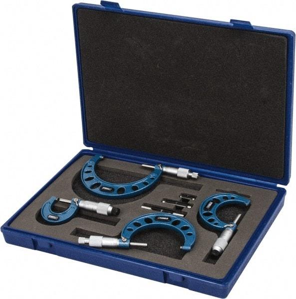 Fowler - 0 to 4" Range, 4 Piece Mechanical Outside Micrometer Set - 0.0001" Graduation, Friction (0 to 2"), Ratchet Stop (2 to 4") Thimble, Carbide Tipped Face - USA Tool & Supply