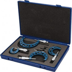 Fowler - 0 to 4" Range, 4 Piece Mechanical Outside Micrometer Set - 0.0001" Graduation, Friction (0 to 2"), Ratchet Stop (2 to 4") Thimble, Carbide Tipped Face - USA Tool & Supply