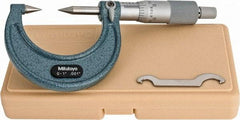 Mitutoyo - 1 Inch, 38mm Throat Depth, Ratchet Stop, Mechanical Point Micrometer - Accurate Up to 0.00015 Inch, 0.001 Inch Graduation, 0.5039 Inch Point Length, 30° Point Angle, 18mm Head Diameter, 6.35mm Spindle Diameter - USA Tool & Supply