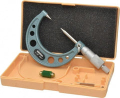 Mitutoyo - 1 to 2 Inch, 49mm Throat Depth, Ratchet Stop, Mechanical Point Micrometer - Accurate Up to 0.00015 Inch, 0.001 Inch Graduation, 0.5039 Inch Point Length, 30° Point Angle, 18mm Head Diameter, 6.35mm Spindle Diameter - USA Tool & Supply