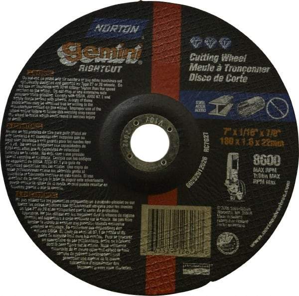 Norton - 7" Wheel Diam, 1/16" Wheel Thickness, 7/8" Arbor Hole, Type 27 Depressed Center Wheel - Aluminum Oxide, 8,600 Max RPM, Compatible with Angle Grinder - USA Tool & Supply