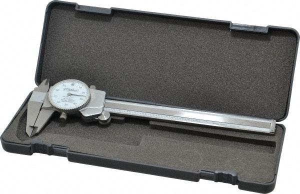 Fowler - 0" to 6" Range, 0.001" Graduation, 0.1" per Revolution, Dial Caliper - White Face, 1.6" Jaw Length - USA Tool & Supply