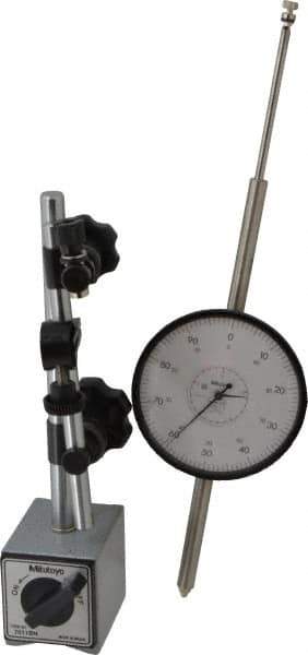 Mitutoyo - 0.001" Graduation, 0-100 Dial Reading, Indicator & Base Kit - 3.56" Dial Diam - USA Tool & Supply