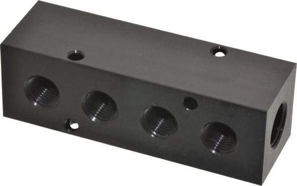 Made in USA - 3/8" Inlet, 1/4" Outlet Manifold - 4.12" Long x 1-1/4" Wide x 1-1/4" High, 0.2" Mount Hole, 2 Inlet Ports, 4 Outlet Ports - USA Tool & Supply