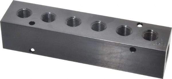 Made in USA - 3/8" Inlet, 1/4" Outlet Manifold - 5.88" Long x 1-1/4" Wide x 1-1/4" High, 0.2" Mount Hole, 2 Inlet Ports, 6 Outlet Ports - USA Tool & Supply