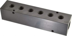 Made in USA - 1/2" Inlet, 1/4" Outlet Manifold - 6-3/4" Long x 1-1/2" Wide x 1-1/2" High, 0.2" Mount Hole, 2 Inlet Ports, 6 Outlet Ports - USA Tool & Supply