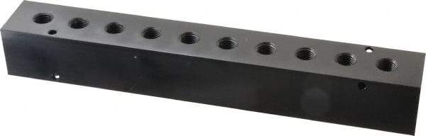 Made in USA - 1/2" Inlet, 1/4" Outlet Manifold - 10-3/4" Long x 1-1/2" Wide x 1-1/2" High, 0.2" Mount Hole, 2 Inlet Ports, 10 Outlet Ports - USA Tool & Supply