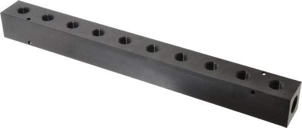 Made in USA - 1/2" Inlet, 3/8" Outlet Manifold - 15-1/4" Long x 1-1/2" Wide x 1-1/2" High, 0.2" Mount Hole, 2 Inlet Ports, 10 Outlet Ports - USA Tool & Supply