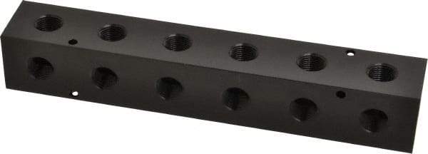 Made in USA - 1/2" Inlet, 3/8" Outlet Manifold - 9-1/4" Long x 1-1/2" Wide x 1-1/2" High, 0.2" Mount Hole, 2 Inlet Ports, 6 Outlet Ports - USA Tool & Supply