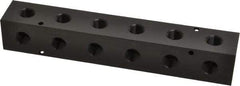 Made in USA - 1/2" Inlet, 3/8" Outlet Manifold - 9-1/4" Long x 1-1/2" Wide x 1-1/2" High, 0.2" Mount Hole, 2 Inlet Ports, 6 Outlet Ports - USA Tool & Supply