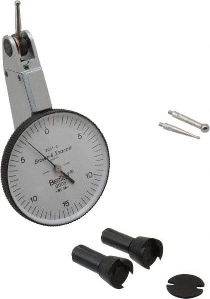 TESA Brown & Sharpe - 0.03 Inch Range, 0.0005 Inch Dial Graduation, Horizontal Dial Test Indicator - 1-1/2 Inch White Dial, 0-15-0 Dial Reading, Accurate to 0.0005 Inch - USA Tool & Supply