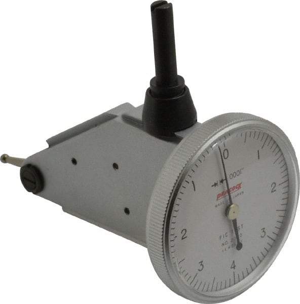 Peacock - 0.008 Inch Range, 0.0001 Inch Dial Graduation, Vertical Dial Test Indicator - 1-3/8 Inch White Dial, 0-4-0 Dial Reading, Accurate to 0.0003 Inch - USA Tool & Supply