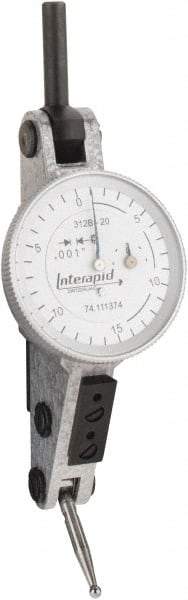 INTERAPID - 0.06 Inch Range, 0.001 Inch Dial Graduation, Horizontal Dial Test Indicator - 1.2 Inch White Dial, 0-15-0 Dial Reading - USA Tool & Supply