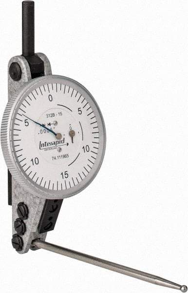 INTERAPID - 0.06 Inch Range, 0.0005 Inch Dial Graduation, Horizontal Dial Test Indicator - 1-1/2 Inch White Dial, 0-15-0 Dial Reading - USA Tool & Supply