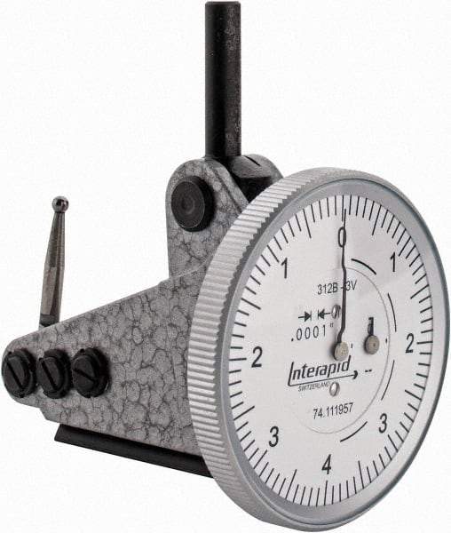 INTERAPID - 0.016 Inch Range, 0.0001 Inch Dial Graduation, Vertical Dial Test Indicator - 1-1/2 Inch White Dial, 0-4-0 Dial Reading - USA Tool & Supply