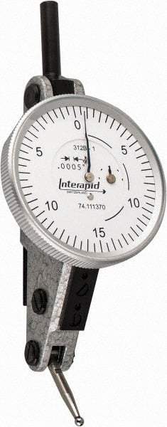 INTERAPID - 0.06 Inch Range, 0.0005 Inch Dial Graduation, Horizontal Dial Test Indicator - 1-1/2 Inch White Dial, 0-15-0 Dial Reading - USA Tool & Supply