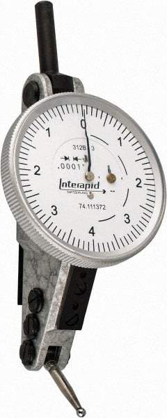 INTERAPID - 0.016 Inch Range, 0.0001 Inch Dial Graduation, Horizontal Dial Test Indicator - 1-1/2 Inch White Dial, 0-4-0 Dial Reading - USA Tool & Supply