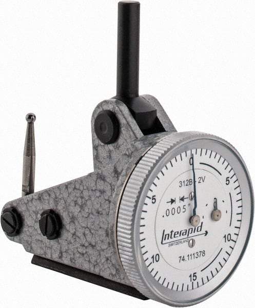 INTERAPID - 0.06 Inch Range, 0.0005 Inch Dial Graduation, Vertical Dial Test Indicator - 1.2 Inch White Dial, 0-15-0 Dial Reading - USA Tool & Supply