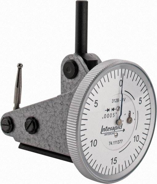 INTERAPID - 0.06 Inch Range, 0.0005 Inch Dial Graduation, Vertical Dial Test Indicator - 1-1/2 Inch White Dial, 0-15-0 Dial Reading - USA Tool & Supply