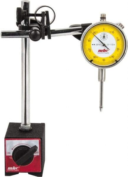 Value Collection - 0.001" Graduation, 0-100 Dial Reading, Indicator & Base Kit - 63mm Base Length x 50mm Base Width x 55mm Base Height, 2-9/32" Dial Diam - USA Tool & Supply