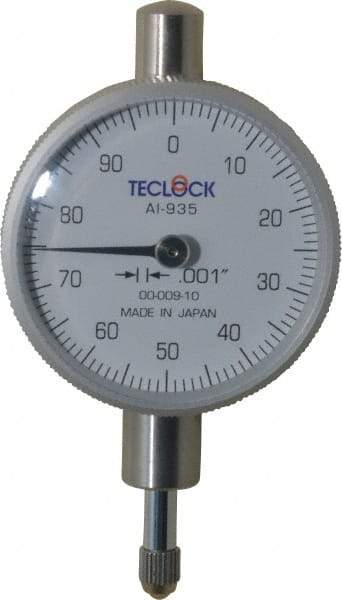 Teclock - 1/4" Range, 0-100 Dial Reading, 0.001" Graduation Dial Drop Indicator - 1-17/32" Dial, 0.1" Range per Revolution, 0.0007" Accuracy - USA Tool & Supply