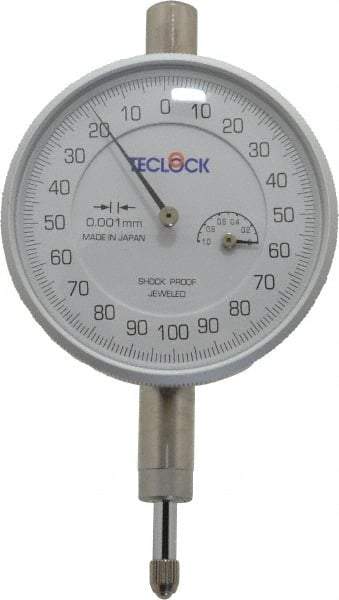 Teclock - 1mm Range, 0-100-0 Dial Reading, 0.001mm Graduation Dial Drop Indicator - 2-13/64" Dial, Revolution Counter - USA Tool & Supply