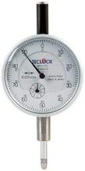 Teclock - 10mm Range, 0-100 Dial Reading, 0.01" Graduation Dial Drop Indicator - 2-11/64" Dial, 1" Range per Revolution, 0.015" Accuracy, Revolution Counter - USA Tool & Supply