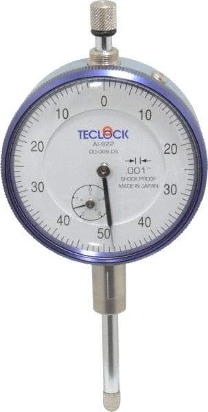 Teclock - 1" Range, 0-50-0 Dial Reading, 0.001" Graduation Dial Drop Indicator - 2-11/64" Dial, 0.1" Range per Revolution, 0.0014" Accuracy, Revolution Counter - USA Tool & Supply