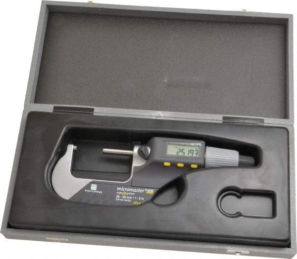TESA Brown & Sharpe - 1 to 2 Inch Range, 0.0001 Inch Resolution, Standard Throat, IP54 Electronic Outside Micrometer - 0.0002 Inch Accuracy, Carbide Face, Includes Plastic Case - USA Tool & Supply