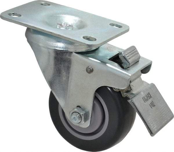 Shepherd - 3" Diam x 1-1/4" Wide x 4-1/4" OAH Top Plate Mount Swivel Caster with Brake - Polyurethane, 185 Lb Capacity, Ball Bearing, 2-5/8 x 3-3/4" Plate - USA Tool & Supply