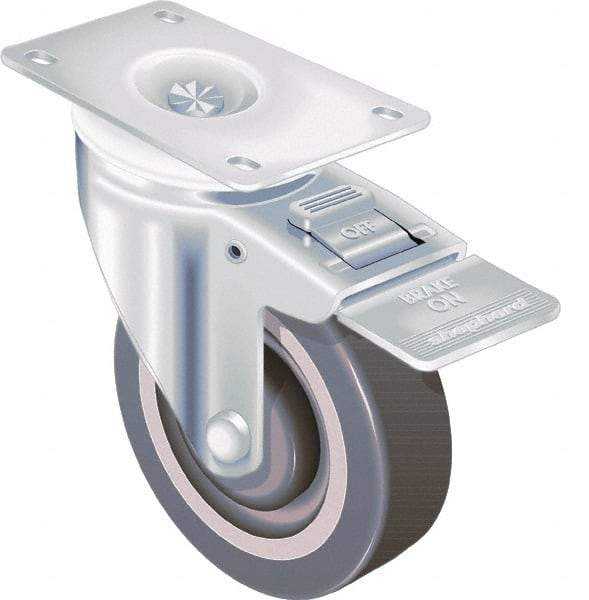 Shepherd - 4" Diam x 1-1/4" Wide x 5-1/4" OAH Top Plate Mount Swivel Caster with Brake - TPR, 185 Lb Capacity, Ball Bearing, 2-5/8 x 3-3/4" Plate - USA Tool & Supply