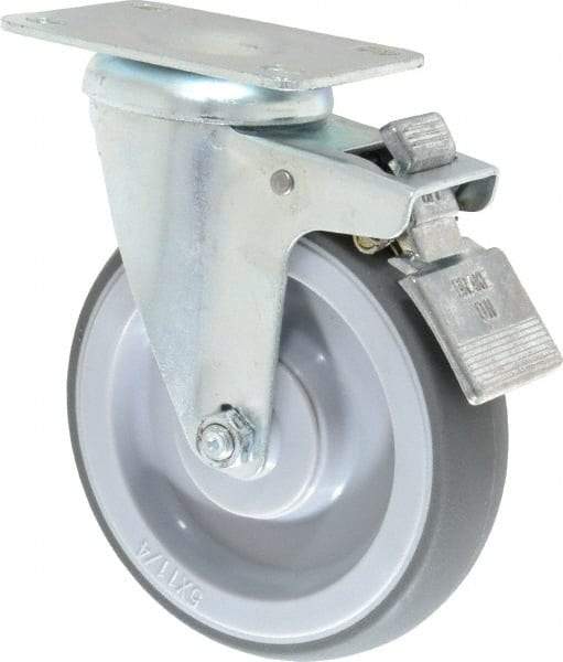 Shepherd - 5" Diam x 1-1/4" Wide x 6-1/4" OAH Top Plate Mount Swivel Caster with Brake - TPR, 200 Lb Capacity, Ball Bearing, 2-5/8 x 3-3/4" Plate - USA Tool & Supply